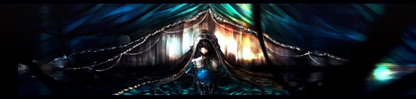 Anime picture 3600x859 with rozen maiden suiseiseki iori (yakata-bako) long hair fringe highres red eyes brown hair wide image absurdres hair over one eye long image dress flower (flowers)
