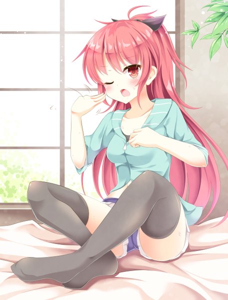 Anime picture 1033x1358 with mahou shoujo madoka magica shaft (studio) sakura kyouko aibumi single long hair tall image looking at viewer blush open mouth red eyes sitting ponytail red hair one eye closed wink no shoes girl thighhighs bow