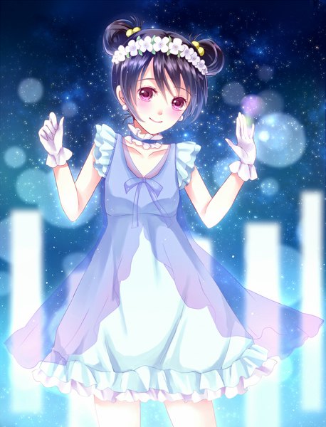 Anime picture 850x1114 with love live! school idol project sunrise (studio) love live! yazawa nico sakura hiyori single tall image blush short hair black hair smile purple eyes girl dress gloves flower (flowers) wreath