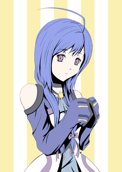 Anime picture 1240x1754 with original hananon single long hair tall image looking at viewer fringe simple background purple eyes blue hair girl clothes