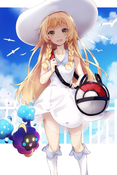 Anime picture 1000x1495 with pokemon pokemon sm nintendo lillie (pokemon) wingull cosmog arisaka ako single long hair tall image looking at viewer blush fringe open mouth blonde hair smile standing bare shoulders holding green eyes