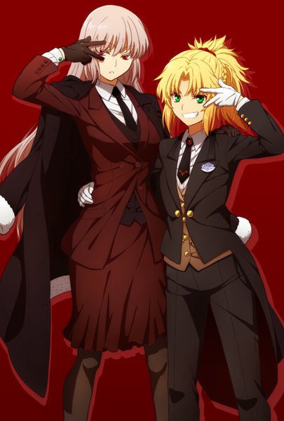 Anime picture 590x874 with fate (series) fate/grand order mordred (fate) florence nightingale (fate) oiun (artist) long hair tall image looking at viewer blonde hair red eyes standing multiple girls green eyes pink hair ponytail parted lips arm up fur trim red background clenched teeth