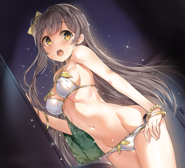 Anime picture 864x784 with love live! school idol project sunrise (studio) love live! minami kotori yuran (cozyquilt) single long hair blush fringe breasts open mouth light erotic brown hair yellow eyes looking away from below one side up groin girl navel