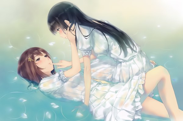 Anime picture 4000x2652 with flowers (innocent grey) innocent grey shirahane suou kousaka mayuri sugina miki long hair blush fringe highres short hair black hair brown hair multiple girls absurdres bent knee (knees) lying parted lips scan official art on back