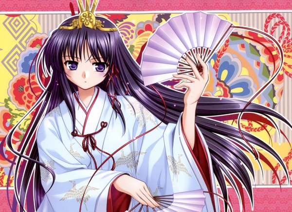 Anime picture 3342x2432 with fortune arterial august soft kuze kiriha bekkankou single long hair highres purple eyes absurdres purple hair traditional clothes japanese clothes miko girl ribbon (ribbons) fan chihaya (clothing)