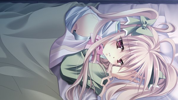 Anime picture 1024x576 with hanasaku otome to koi no grimoire long hair blush blonde hair red eyes wide image twintails game cg lying girl bow