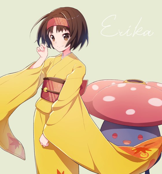 Anime picture 755x808 with pokemon pokemon (game) pokemon heartgold and soulsilver nintendo erika (pokemon) vileplume kurochiroko tall image looking at viewer fringe short hair simple background smile brown hair standing brown eyes traditional clothes japanese clothes wind grey background