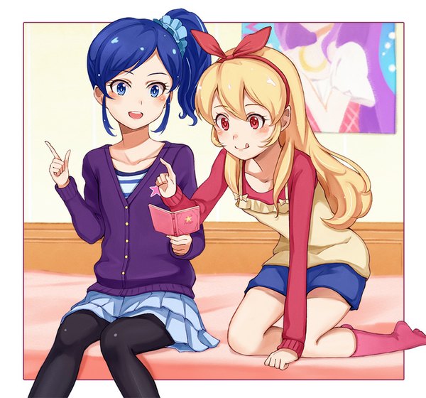 Anime picture 800x747 with aikatsu! hoshimiya ichigo kiriya aoi kanzaki mizuki purea long hair blush short hair open mouth blue eyes blonde hair smile red eyes sitting multiple girls blue hair looking away kneeling side ponytail :p