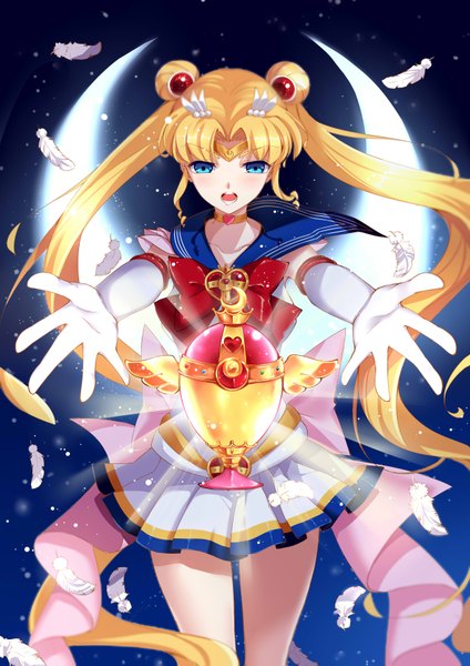 Anime picture 2480x3507 with bishoujo senshi sailor moon toei animation tsukino usagi sailor moon pandako single long hair tall image blush highres open mouth blue eyes blonde hair twintails crescent girl gloves elbow gloves moon feather (feathers)