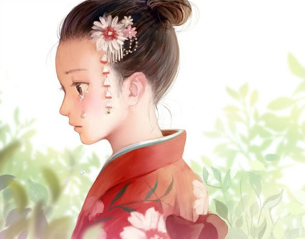 Anime picture 1000x785 with original nakamura hinata single blush short hair brown hair brown eyes looking away upper body traditional clothes japanese clothes profile hair flower tears crying girl hair ornament flower (flowers) plant (plants) yukata