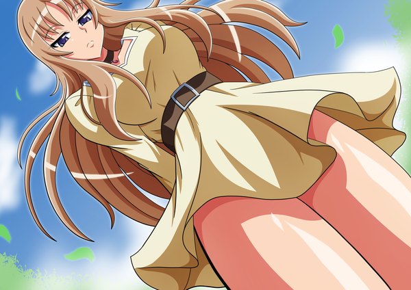 Anime picture 2315x1637 with saint seiya toei animation aquila yuna aokura shou single long hair looking at viewer highres blue eyes brown hair girl dress belt leaf (leaves)