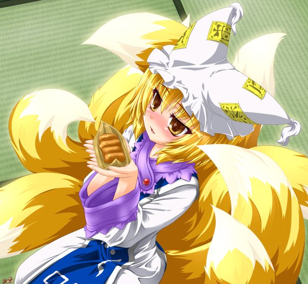 Anime picture 1266x1168 with touhou yakumo ran kazami karasu single blush blonde hair yellow eyes fox tail fox girl girl