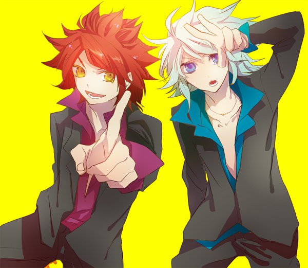 Anime picture 1150x1000 with inazuma eleven nagumo haruya suzuno fuusuke nichinatsu short hair open mouth blue eyes simple background smile yellow eyes white hair red hair victory hand in pocket partially open clothes pointing boy shirt necklace suit