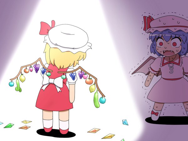 Anime picture 1024x768 with touhou flandre scarlet remilia scarlet shirosato short hair open mouth blonde hair simple background red eyes standing multiple girls blue hair from behind short sleeves fang (fangs) sweat sweatdrop chibi siblings bat wings