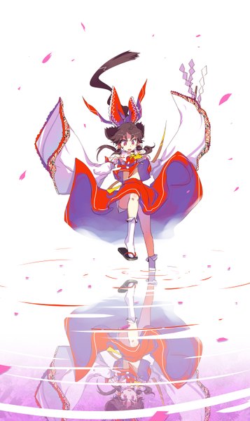 Anime picture 1800x3024 with touhou hakurei reimu yui (niikyouzou) single tall image blush highres open mouth red eyes ponytail very long hair long sleeves traditional clothes reflection miko girl bow hair bow detached sleeves petals