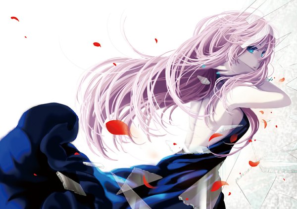 Anime picture 1103x780 with vocaloid megurine luka single long hair blue eyes bare shoulders pink hair nail polish looking back wind girl dress petals