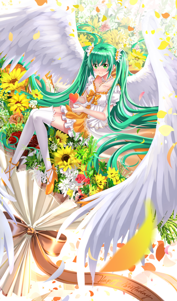 Anime picture 869x1472 with vocaloid hatsune miku swordsouls single tall image looking at viewer blush fringe smile sitting twintails green eyes cleavage full body very long hair green hair angel wings white wings happy birthday girl