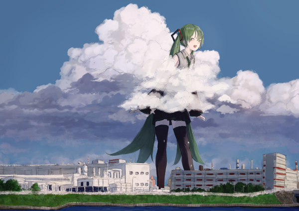 Anime picture 1508x1066 with vocaloid hatsune miku yushika single looking at viewer fringe open mouth twintails green eyes sky cloud (clouds) very long hair :d green hair zettai ryouiki river giant girl thighhighs black thighhighs
