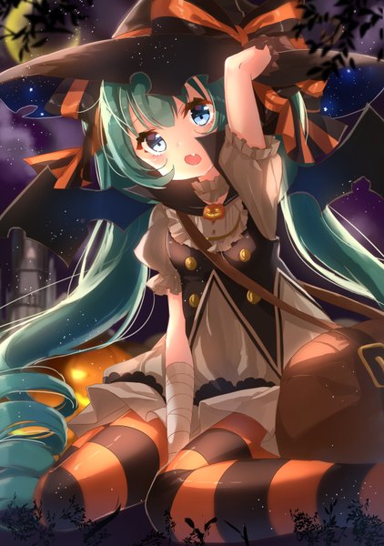 Anime picture 1140x1620 with vocaloid hatsune miku jimmy madomagi single tall image looking at viewer blush fringe open mouth blue eyes sitting twintails holding very long hair arm up aqua hair night :o short sleeves loli