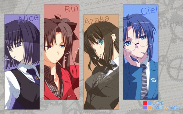 Anime picture 1920x1200 with fate (series) fate/stay night kara no kyoukai mahou tsukai no yoru studio deen type-moon toosaka rin ciel (tsukihime) kuonji alice kokutou azaka highres black hair wide image blue hair smoke smoking bow hair bow necktie cigarette