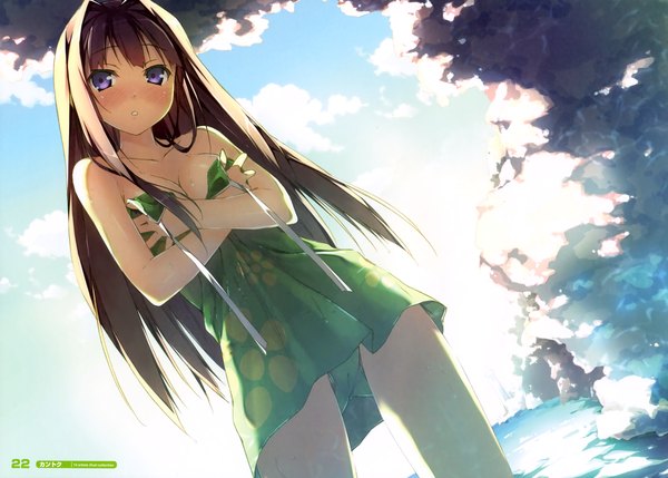 Anime picture 3495x2500 with your diary ayase sayuki kantoku single long hair blush highres light erotic brown hair purple eyes absurdres sky breast hold girl sundress