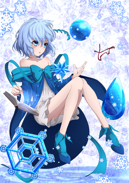 Anime picture 2000x2829 with selector infected wixoss j.c. staff piruluk (selector infected wixoss) aono meri single tall image blush fringe highres short hair blue eyes bare shoulders blue hair looking away bent knee (knees) long sleeves parted lips wide sleeves bare legs magic