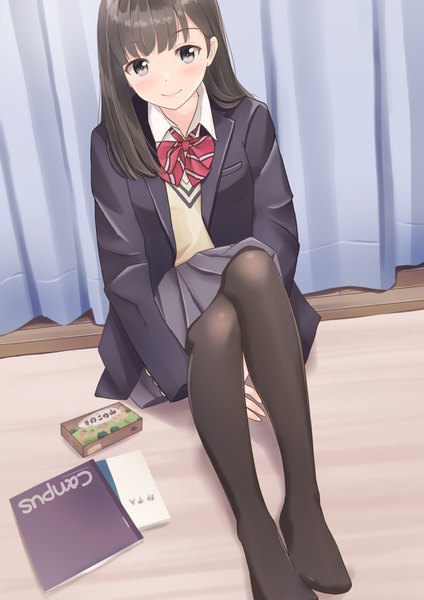 Anime picture 1024x1449 with original yukimaru217 single long hair tall image looking at viewer blush fringe black hair smile sitting bent knee (knees) indoors long sleeves pleated skirt open jacket grey eyes no shoes girl skirt