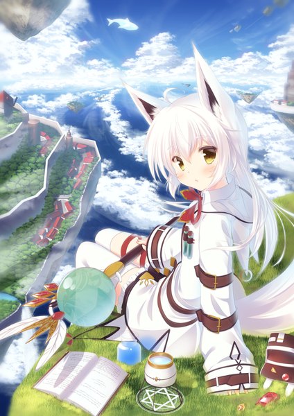 Anime picture 810x1146 with original misaki yuu (dstyle) single long hair tall image looking at viewer blush fringe open mouth hair between eyes sitting animal ears yellow eyes sky cloud (clouds) ahoge bent knee (knees) outdoors white hair tail