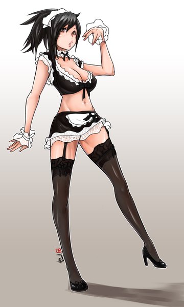Anime picture 1200x2000 with original caooll (co-ohol) single tall image blush short hair breasts light erotic black hair simple background black eyes mole bare belly maid mole under eye girl thighhighs skirt navel uniform
