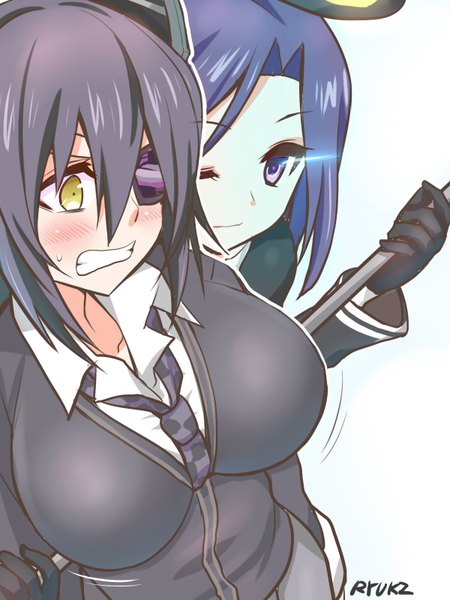 Anime picture 1200x1600 with kantai collection tenryuu light cruiser tatsuta light cruiser ryuki (ryukisukune) tall image looking at viewer blush short hair breasts light erotic simple background smile large breasts white background purple eyes multiple girls holding signed yellow eyes blue hair