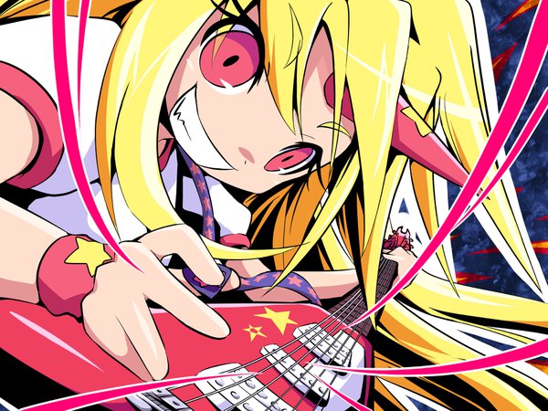 Anime picture 2000x1500 with touhou hoshiguma yuugi ayakashi (monkeypanch) single long hair highres blonde hair smile red eyes holding upper body horn (horns) wallpaper grin playing instrument star print oni girl star (symbol) t-shirt