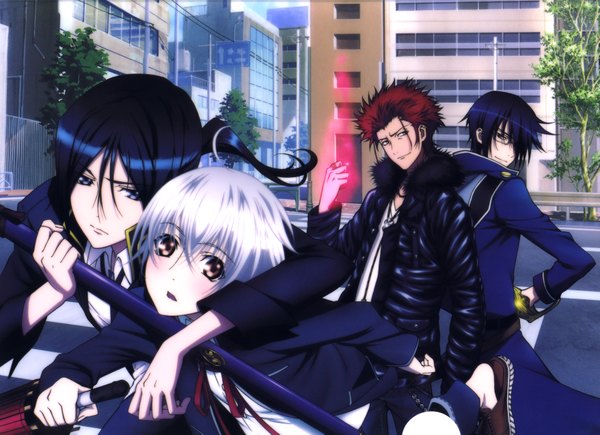Anime picture 7019x5100 with k-project gohands (studio) mikoto suoh munakata reishi yashiro isana yatogami kuroh long hair highres short hair blue eyes black hair brown eyes yellow eyes absurdres ponytail red hair open clothes open jacket multiple boys glowing