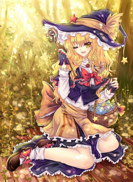Anime picture 800x1094 with touhou kirisame marisa riyun single long hair tall image looking at viewer open mouth blonde hair yellow eyes one eye closed wink witch girl dress skirt gloves bow hat fingerless gloves