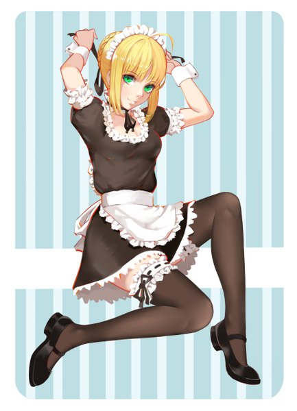 Anime picture 3685x5102 with fate (series) fate/stay night artoria pendragon (all) saber zhano kun single tall image looking at viewer fringe highres short hair blonde hair green eyes absurdres bent knee (knees) arm up maid girl thighhighs dress