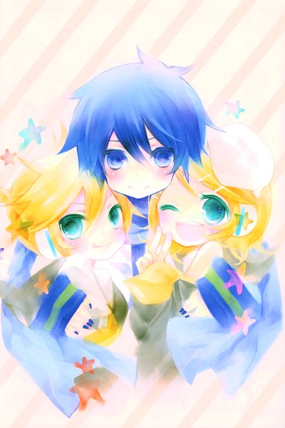 Anime picture 4040x6059 with vocaloid kagamine rin kagamine len kaito (vocaloid) tall image blush highres short hair open mouth blue eyes blonde hair smile blue hair absurdres long sleeves nail polish one eye closed wink scan victory