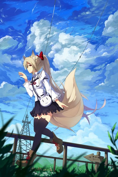 Anime picture 1500x2250 with original baisi shaonian single long hair tall image looking at viewer blonde hair red eyes animal ears sky cloud (clouds) ponytail tail animal tail fox ears fox tail walking girl thighhighs skirt