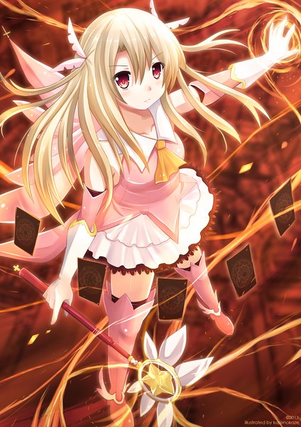Anime picture 1343x1900 with fate (series) fate/kaleid liner prisma illya type-moon illyasviel von einzbern prisma illya magical ruby kazenokaze single long hair tall image blush blonde hair red eyes two side up magic girl thighhighs dress gloves elbow gloves