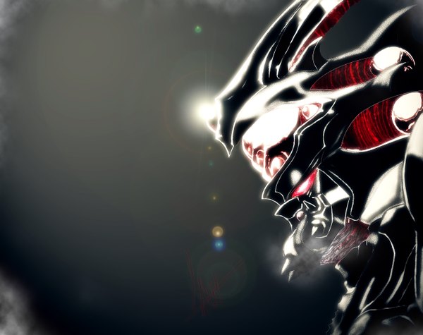 Anime picture 2560x2028 with guyver single highres simple background red eyes looking away horn (horns) grey background light armor thorns