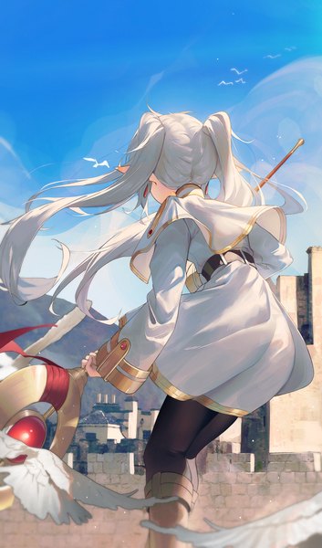 Anime picture 3370x5728 with sousou no frieren frieren kerno single long hair tall image highres twintails absurdres sky silver hair wind pointy ears from behind brick wall girl earrings animal bird (birds) staff