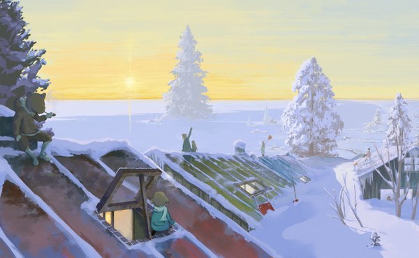 Anime picture 1618x1000 with original kuchibiru (lipblue) wide image winter snow panorama roof