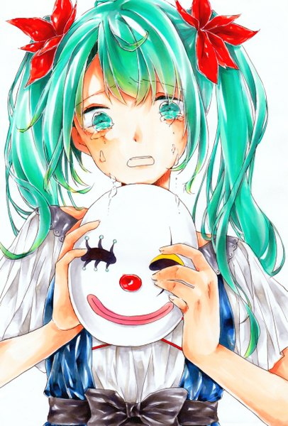 Anime picture 835x1233 with vocaloid karakuri pierrot (vocaloid) hatsune miku kawana (spicaboy) single long hair tall image looking at viewer open mouth simple background white background twintails green eyes green hair tears crying girl dress bow hair bow