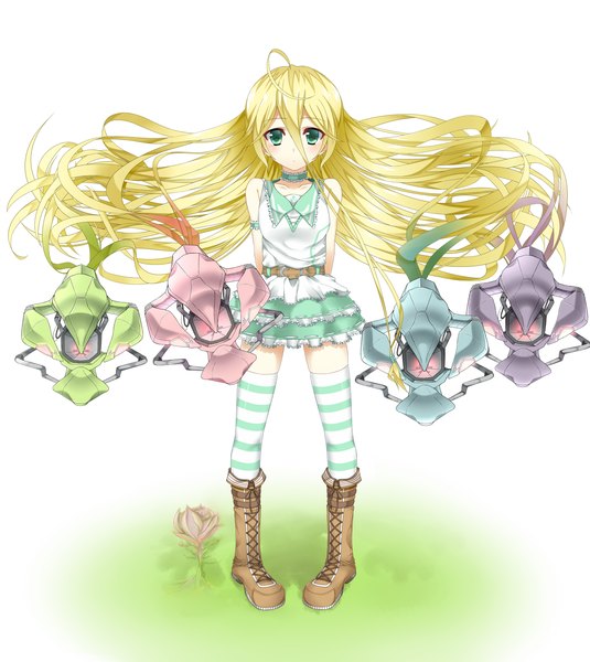 Anime picture 1400x1568 with original yuukyuu ponzu single long hair tall image looking at viewer blush highres simple background blonde hair white background bare shoulders green eyes ahoge loli hands behind back lacing girl thighhighs skirt