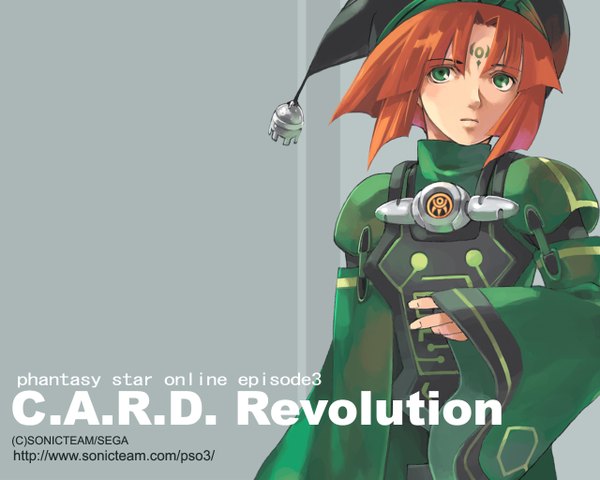 Anime picture 1280x1024 with phantasy star phantasy star online sega single short hair green eyes signed orange hair facial mark face paint girl card revolution