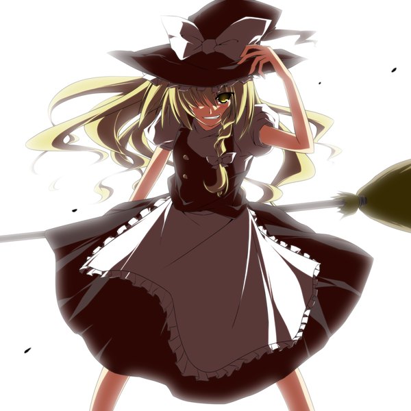 Anime picture 1800x1800 with touhou kirisame marisa sakurame single long hair looking at viewer fringe highres blonde hair simple background standing white background yellow eyes hair over one eye witch girl skirt witch hat skirt set broom