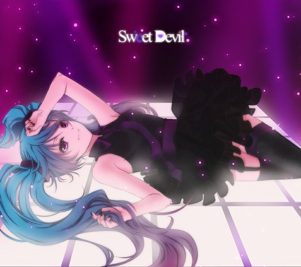 Anime picture 1000x887 with vocaloid sweet devil (vocaloid) hatsune miku liusang single long hair red eyes twintails bare shoulders blue hair girl thighhighs dress black thighhighs