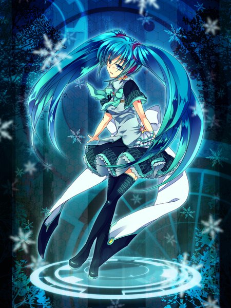 Anime picture 1200x1600 with vocaloid hatsune miku mitsuba (bjh3047) single long hair tall image blue eyes twintails blurry aqua hair girl dress skirt miniskirt thigh boots snowflake (snowflakes)