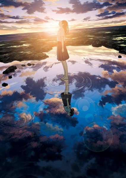 Anime picture 645x911 with original amemura single long hair tall image black hair standing looking away sky cloud (clouds) full body profile pleated skirt barefoot sunlight night bare legs short sleeves night sky lens flare