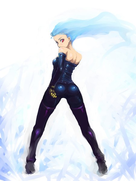 Anime picture 1500x2000 with the king of fighters snk kula diamond johan (johan13) single long hair tall image looking at viewer highres breasts light erotic simple background red eyes standing bare shoulders full body ass looking back wind aqua hair