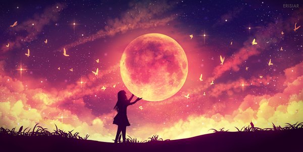 Anime picture 1743x877 with original erisiar single long hair highres wide image holding signed sky cloud (clouds) night arms up night sky looking up silhouette red moon girl dress plant (plants) insect