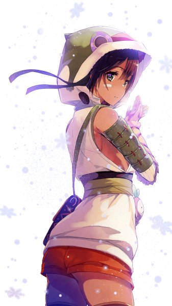 Anime picture 675x1200 with ikenie to yuki no setsuna aeterna tam-u single tall image blush fringe short hair open mouth simple background smile hair between eyes brown hair standing white background bare shoulders looking away looking back from behind grey eyes